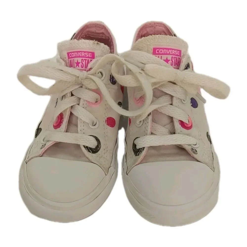 Converse All Star Polka Dot Junior Size 9 Low Top Shoes White Pink Sneakers